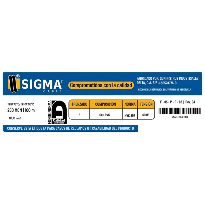 Cable THHW Calibre 250 MCM Negro, Por Metro, Sigma - Imagen 2