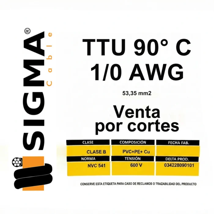 Cable TTU Calibre 1/0 AWG Negro, 90°, Por Metro, Sigma - Imagen 2