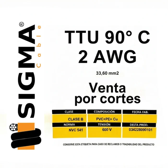 Cable TTU Calibre 2 AWG Negro, 90°, Por Rollo, Sigma - Imagen 2