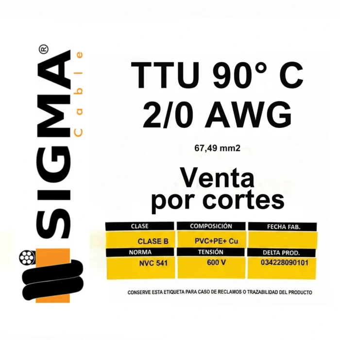 Cable TTU Calibre 2/0 AWG Negro, 90°, Por Metro, Sigma - Imagen 2