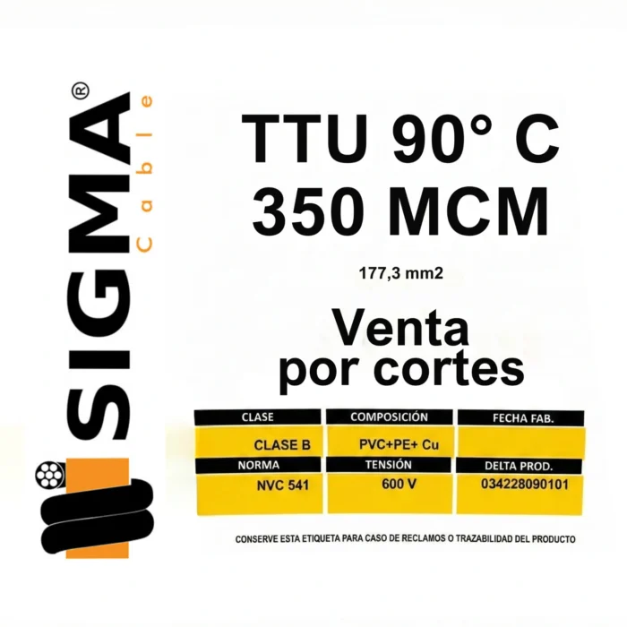 Cable TTU Calibre 350 MCM Negro, 90°, Por Metro, Sigma - Imagen 2