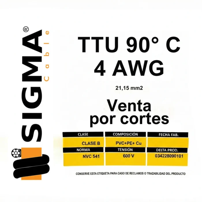 Cable TTU Calibre 4 AWG Negro, 90°, Por Rollo, Sigma - Imagen 2