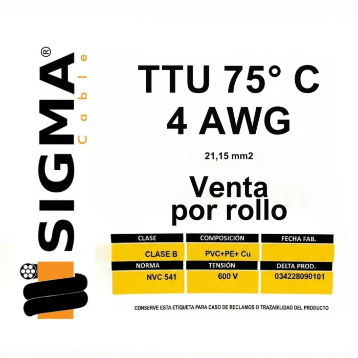 Cable TTU Calibre 4 AWG Negro, 75°, Por Rollo, Sigma - Imagen 2