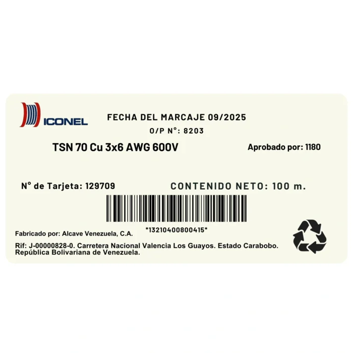 Cable TSN Calibre 3x6 AWG, Negro, PVC-PVC 70° Iconel - Imagen 2