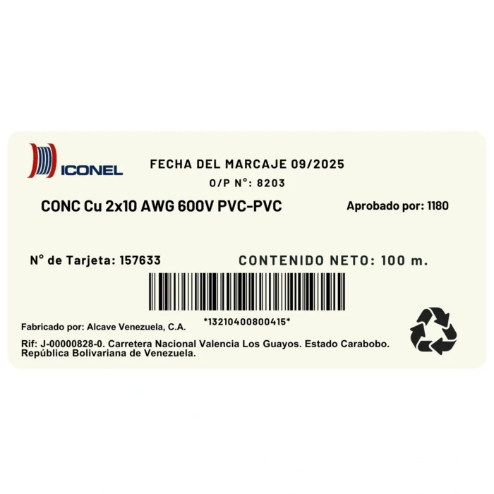 Cable Concéntrico Calibre 2X10 AWG Negro, Rollo 100m, Iconel - Imagen 2